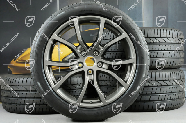 21-inch Cayenne Exclusive Design summer wheel set, rims 9,5J x 21 ET46 + 11,0J x 21 ET58 + Pirelli P Zero summer tyres 285/40 R21 + 315/35 R21, with TPMS, Platinum satin matt