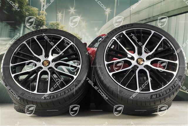 21" koła letnie Panamera Exclusive Design Sport, komplet, felgi 9,5J x 21 ET71 + 11,5J x 21 ET69 + NOWE opony letnie Michelin 275/35 R21 + 315/30 R21, mit RDK-Sensoren, kolor czarny wysoki połysk