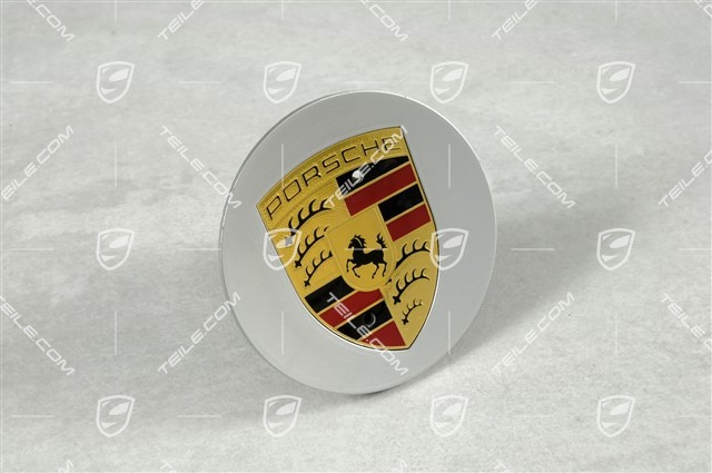 Hub cap, round, concave, Porsche crest coloured, Brilliantchromlack