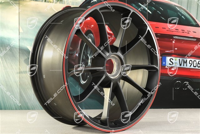 20" Felge GT3, 9J x 20 ET55, schwarz-seidenmatt + Rand in Rot