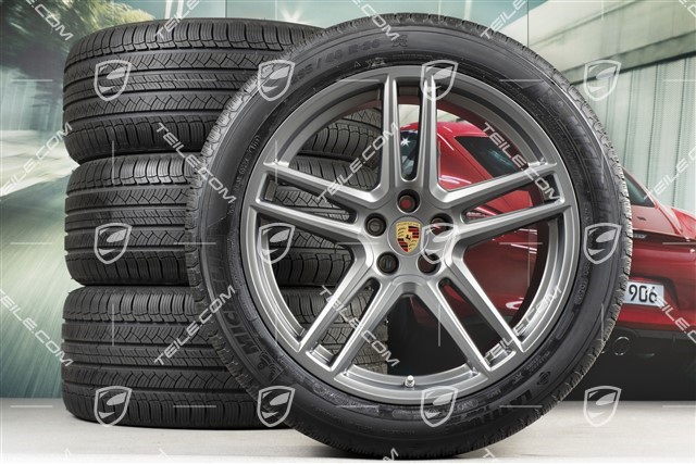 20-inch "Macan Turbo" all-season-wheels set, rims 9J x 20 ET26 + 10J x 20 ET19, all-season-tyres 265/45 R 20 + 295/40 R 20, BORBET, platinum satin mat, with TPMS