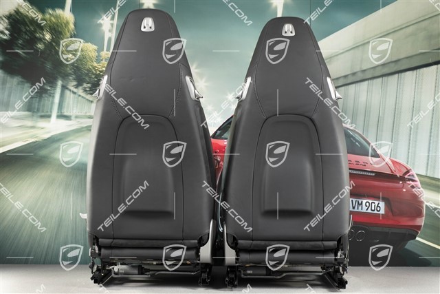 Seats, el. adjustable, 14-way, heating, lumbar, ventilation, leather, black, with Porsche crest, set, L+R