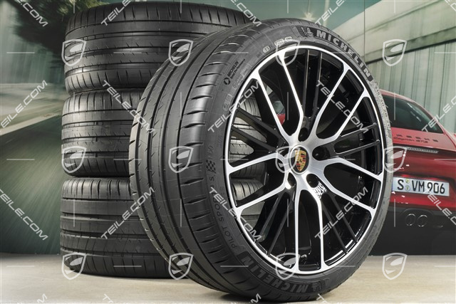 21" koła letnie Panamera Exclusive Design Sport, komplet, felgi 9,5J x 21 ET71 + 11,5J x 21 ET69 + NOWE opony letnie Michelin 275/35 R21 + 315/30 R21, mit RDK-Sensoren, kolor czarny wysoki połysk