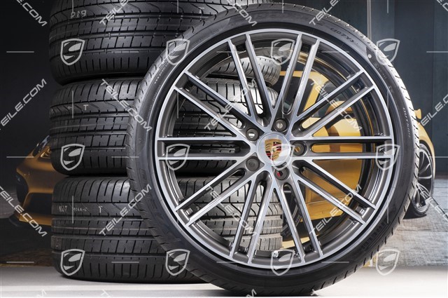 22" Sommerräder Satz 911 Turbo IV Design, Felgen 10J x 22 ET48 + 11,5J x 22 ET61 + NEUE Pirelli Sommerreifen 285/35 ZR22 + 315/30 ZR22, mit RDK-Sensoren