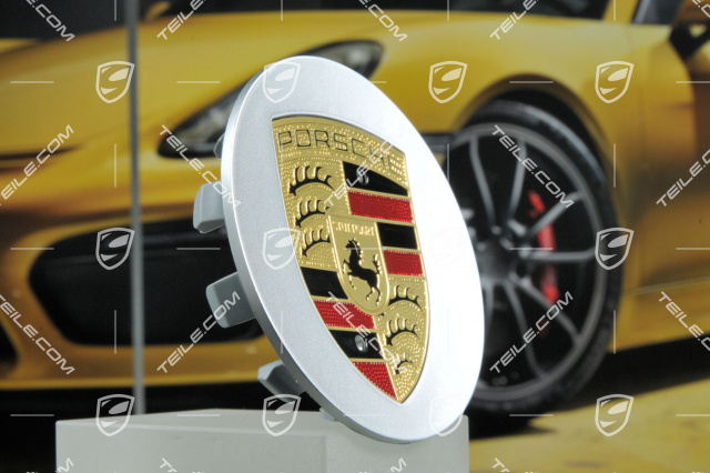 Hub cap, round, concave, Porsche crest coloured, Brilliantchromlack