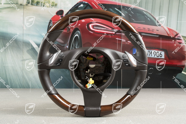 Steering wheel, multi-function, heating, PDK selector lever, leather Espresso, Mahogany Yachting