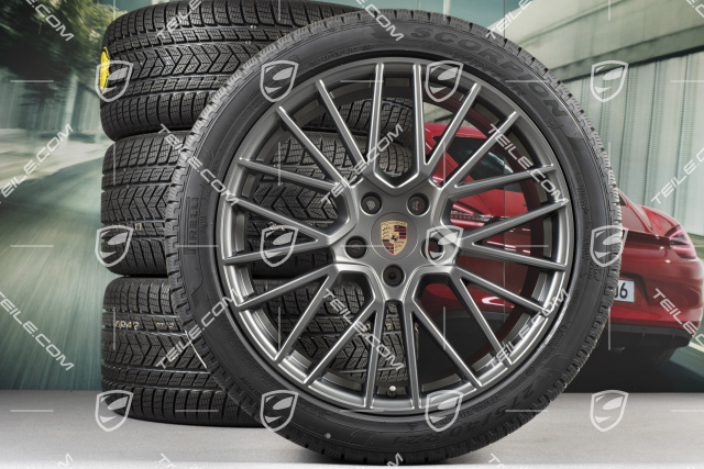 21-inch Cayenne COUPÉ RS Spyder winter wheel set, rims 9,5J x 21 ET46 + 11,0J x 21 ET49 + Pirelli winter tyres275/40 R21 + 305/35 R21, with TPMS, Platinum satin matt