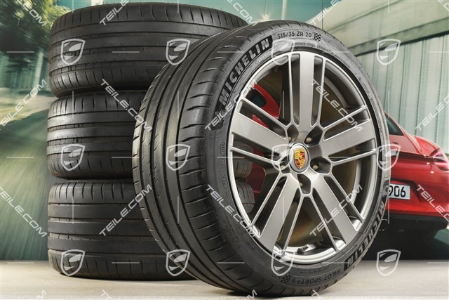 20-inch Panamera Design 2 summer wheel set, rims 9,5J x 20 ET71 + 11,5J x 20 ET68 + Michelin summer tires 275/40 ZR20 + 315/35 ZR20, with TPM, Platinum satin matt