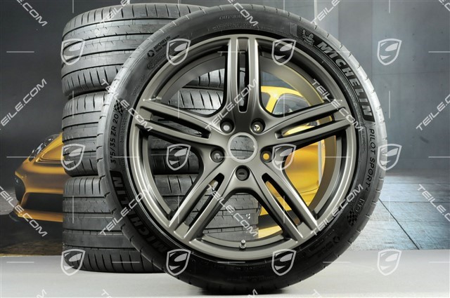 20-inch Panamera Turbo summer wheel set, rims 9,5J x 20 ET71 + 11,5J x 20 ET68 + Michelin summer tires 275/40 ZR20 + 315/35 ZR20, with TPM, Platinum satin matt