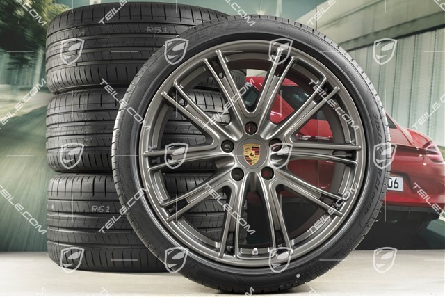 21-inch Panamera Exclusive Design summer wheel set, rims 9,5J x 21 ET71 + NEW 11,5J x 21 ET69 + Pirelli summer tires 275/35 ZR21 + 315/30 ZR21, Platinum, with TPM