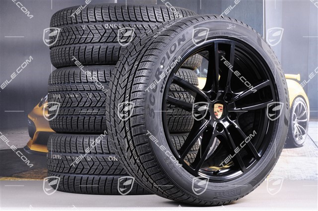 20" Cayenne Sport Winterräder Satz, Felgen 9J x 20 ET50 + 10,5J x 20 ET64 + NEUE Pirelli Winterreifen 275/45 R20 + 305/40 R20, mit RDK-Sensoren, in Schwarz Hochglanz