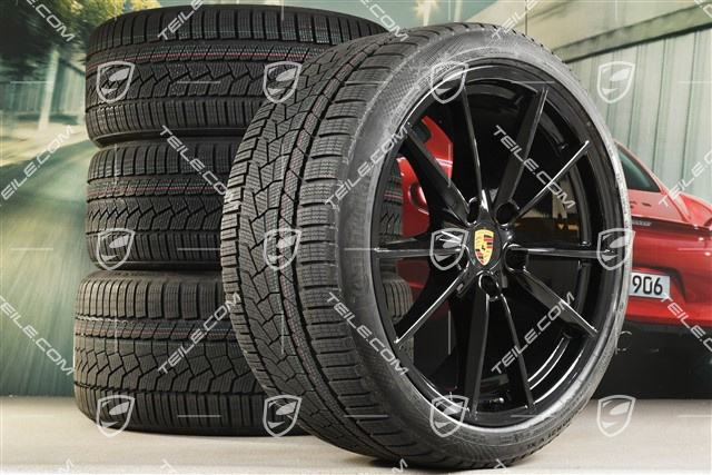 20"+21" Carrera S Winterräder Satz, Felgen 8,5J x 20 ET53 + 11J x 21 ET66 + Continental Winterreifen 245/35 R20 + 295/30 R21, in Schwarz Hochglanz