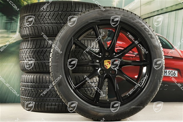 20-inch Cayenne Design winter wheel set, rims 9J x 20 ET50 + 10,5J x 20 ET64 + Pirelli winter tyres 275/45 R20 + 305/40 R20, with TPMS, in black high gloss