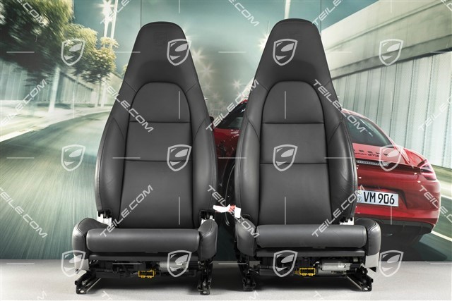 Seats, el. adjustable, 14-way, heating, lumbar, ventilation, leather, black, with Porsche crest, set, L+R