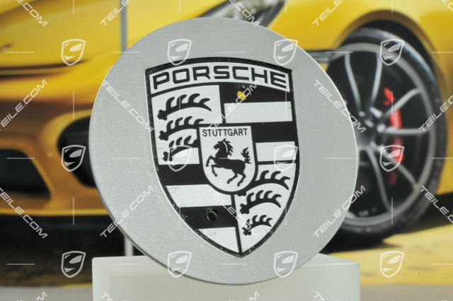 Hub cap, concave, Porsche crest black, titan-metallic