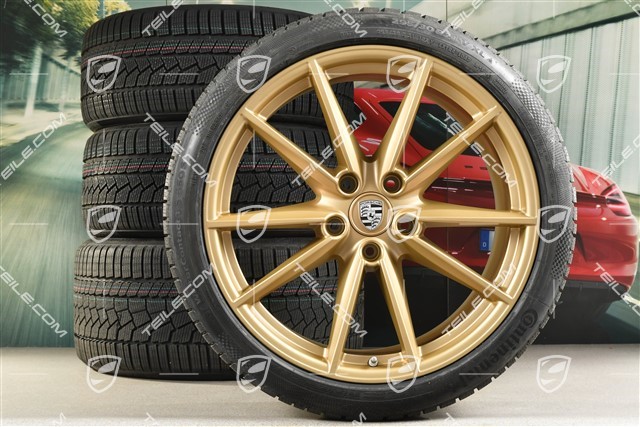 20/21-inch Carrera S winter wheel set, wheel rims 8,5J x 20 ET53 + 11J x 21 ET66 + NEW Continental winter tyres 245/35 R20 + 295/30 R21,  in Aurum gold satin-mat