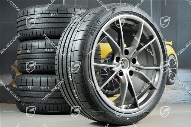 20" Carrera S summer wheels set, rims 8J x 20 ET57 + 10J x 20 ET45, tires 235/35 ZR20 + 265/35 ZR20, Platinum (semi gloss), with TPMS