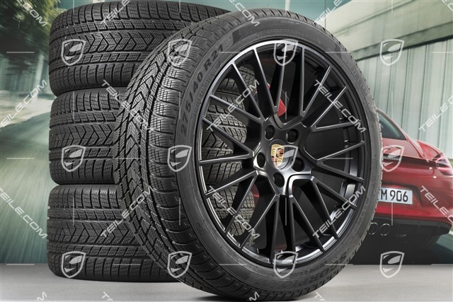 21" koła zimowe Cayenne RS Spyder, komplet, felgi 9,5J x 21 ET46 + 11,0J x 21 ET58 + NOWE opony zimowe Pirelli 275/40 R21 + 305/35 R21, z czujnikami ciśnienia, czarny satynowy półmat