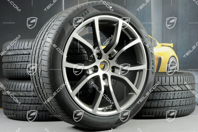 21" Cayenne Exclusive Design Sommerräder Satz, Felgen 9,5J x 21 ET46 + 11,0J x 21 ET58 + Pirelli P Zero Sommerreifen 285/40 R21 + 315/35 R21, mit RDK-Sensoren, Platinum-Seidenmatt