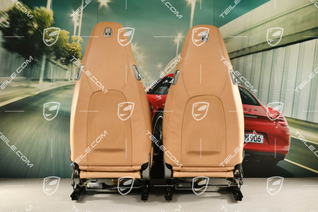 Seats, el. adjustable, 14-way, lumbar, ventilation, leather, luxorbeige, with Porsche crest, set L+R