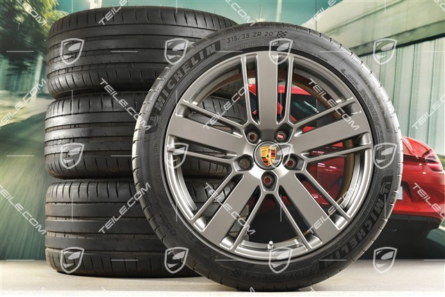 20-inch Panamera Design 2 summer wheel set, rims 9,5J x 20 ET71 + 11,5J x 20 ET68 + Michelin summer tires 275/40 ZR20 + 315/35 ZR20, with TPM, Platinum satin matt