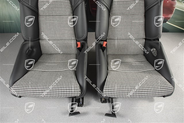 Sportowe fotele kubełkowe, składane, podgrzewane, czarna skóra+pepitka, nitka srebrna, z herbem Porsche, zestaw, L+R