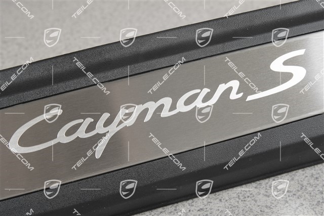 Scuff plate, Stainless steel, with "Cayman S" logo, R