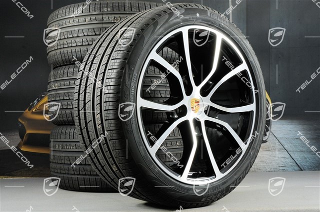 21" Cayenne Exclusive Design Ganzjahresräder Satz, Felgen 9,5J x 21 ET46 + 11,0J x 21 ET58 + Pirelli Scorpion Verde All Season Reifen 285/40 R21 + 315/35 R21, mit RDK-Sensoren, Tiefschwarz Metallic