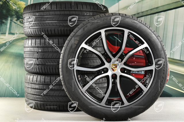 21-inch Cayenne Exclusive Design summer wheel set, rims 9,5J x 21 ET46 + 11,0J x 21 ET58 + NEW Pirelli P Zero summer tyres 285/45 R21 + 315/40 R21, with TPMS, Jet Black Metallic