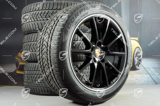 20-inch Cayenne Design winter wheel set, rims 9J x 20 ET50 + 10,5J x 20 ET64 + Pirelli winter tyres 275/45 R20 + 305/40 R20, with TPMS, EXCLUSIVE, wheel star in black highgloss