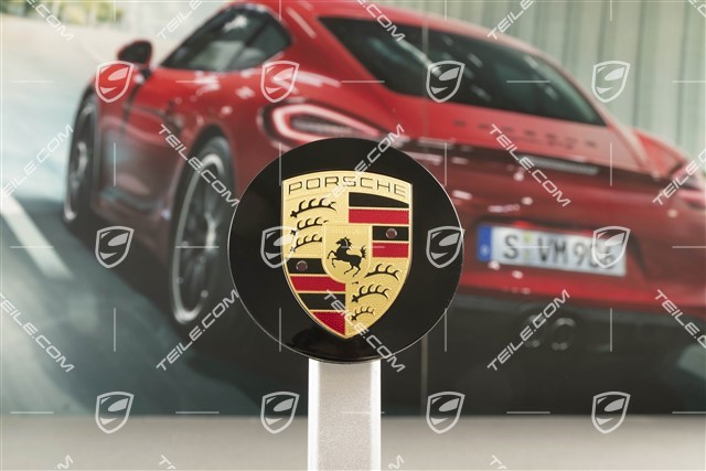Hub cap, convex, coloured Porsche crest, for Carrera Classic wheels, black high gloss