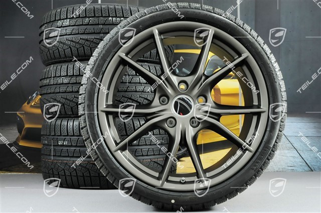 20" koła zimowe, komplet Carrera S (IV), felgi 8,5J x 20 ET49 + 11J x 20 ET78 + opony zimowe Pirelli Sottozero II 245/35 R20 + 295/30 R20, kolor platinum (półmat)