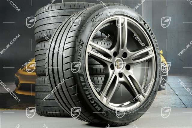 20-inch Panamera Turbo summer wheel set, rims 9,5J x 20 ET71 + 11,5J x 20 ET68 + Michelin summer tires 275/40 ZR20 + 315/35 ZR20, with TPM, Platinum satin matt