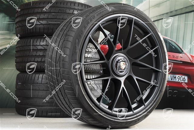 20" Sommerräder Satz Turbo Sport III für 991.2 GTS, Zentralverschluss, Felgen 9J x 20 ET51 + 12J x 20 ET63 + NEUE Sommerreifen 245/35 ZR20 + 305/30 ZR20, seidenglanz schwarz matt