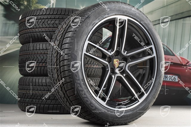 20" "Macan Turbo" Winterräder Satz, Felgen 9J x 20 ET26 + 10J x 20 ET19 + Pirelli Winterreifen 265/45 R20 + 295/40 R20, schwarz hochglanz, mit RDK-Sensoren