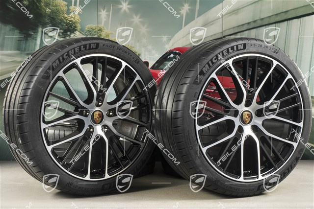 21" koła letnie Panamera Exclusive Design Sport, komplet, felgi 9,5J x 21 ET71 + 11,5J x 21 ET69 + NOWE opony letnie Michelin 275/35 R21 + 315/30 R21, mit RDK-Sensoren, kolor czarny wysoki połysk