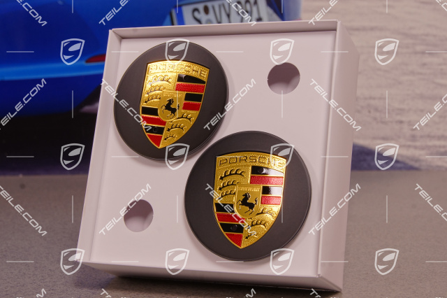 Radzierdeckel Satz, Wappen farbig, für 20" Boxster Spyder / 20" Carrera S Felgen, konkav, Schwarz Seidenmatt