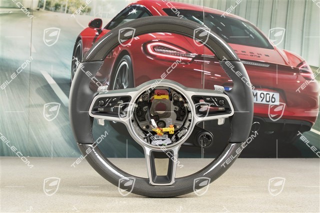 PDK, Multifunction steering wheel, 3-spoke, Leather / Carbon, Black / Sport Chrono Package Plus