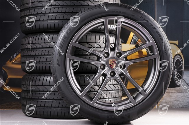 21-inch Cayenne Turbo Design summer wheel set, rims 9,5J x 21 ET46 + 11,0J x 21 ET58 + Pirelli P Zero summer tyres 285/40 R21 + 315/35 R21, with TPMS, Platinum satin mat