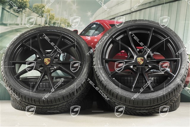 20" Carrera S winter wheels set for Cayman GT4 / Boxster Spyder, rims 8J x 20 ET57 + 10J x 20 ET45, Michelin winter tires 235/35 R20 + 275/30 R20, black (satin matt), with TPMS