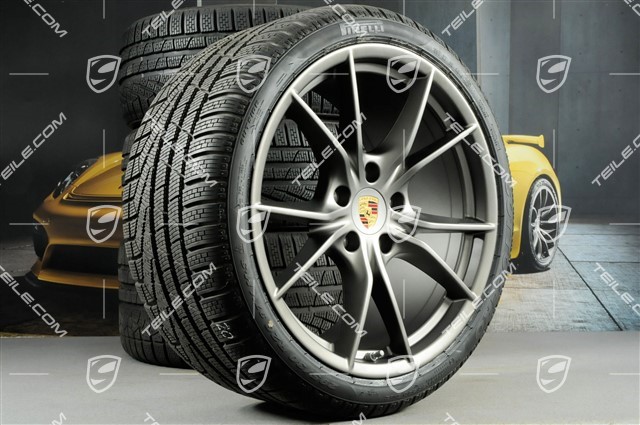 20" koła zimowe, komplet Carrera S (IV), felgi 8,5J x 20 ET49 + 11J x 20 ET56 + NOWE opony zimowe Pirelli Sottozero II 245/35 R20 + 295/30 R20, kolor platinum (półmat)