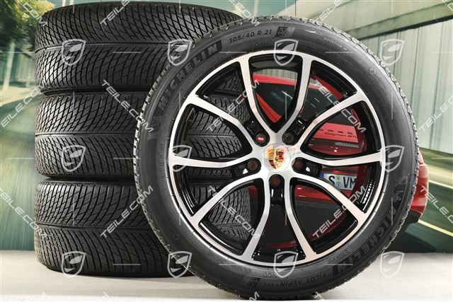 21-inch Cayenne Exclusive Design winter wheel set, rims 9,5J x 21 ET46 + 11,0J x 21 ET58 + NEW Michelin winter tyres 285/45 R21 + 305/40 R21, with TPMS, black high gloss