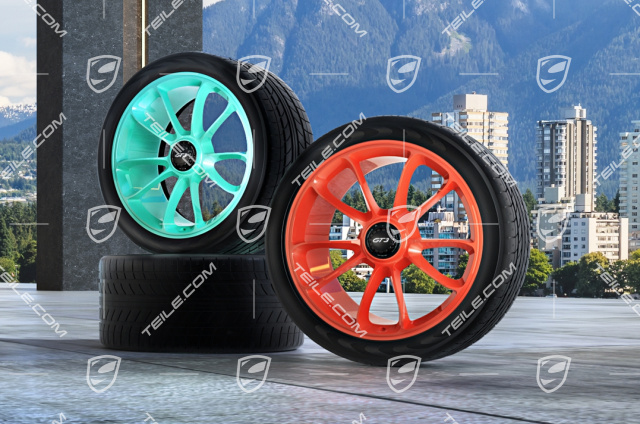 20" rims set GT3, 9J x 20 ET55 + 12J x 20 ET47, front: Gulforange + Acidgreen, rear: Mintgreen + Ruby Star