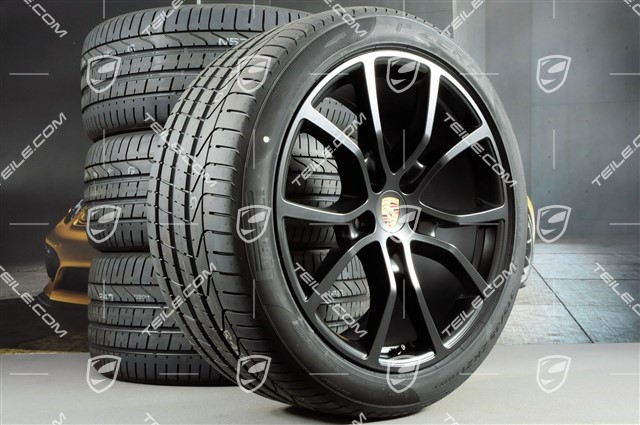 21-inch Cayenne Exclusive Design summer wheel set, rims 9,5J x 21 ET46 + 11,0J x 21 ET58 + Pirelli P Zero summer tyres 285/40 R21 + 315/35 R21, with TPMS, black satin matt
