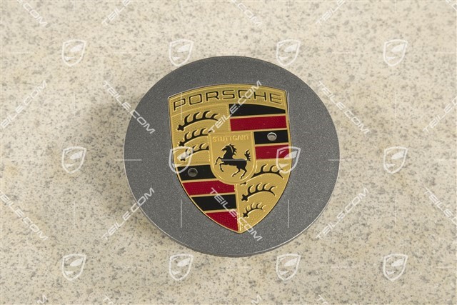 Radzierdeckel, Meteorgrau Metallic, Porsche Wappen farbig