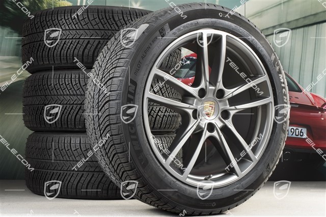 20" Cayenne Sport Winterräder Satz, Felgen 9J x 20 ET50 + 10,5J x 20 ET64 + NEUE Michelin Winterreifen 275/45 R20 + 305/40 R20, mit RDK-Sensoren, in Platinum Seidenmatt