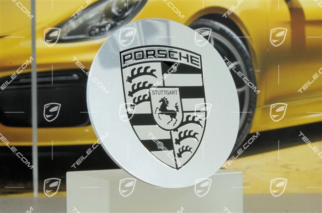 Center cap, polished, concave, Porsche crest in black, for 19-inch Turbo I wheels
