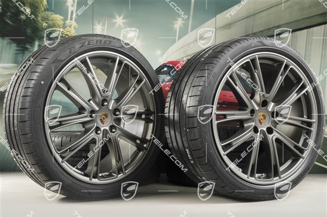 21-inch Panamera Exclusive Design summer wheel set, rims 9,5J x 21 ET71 + NEW 11,5J x 21 ET69 + Pirelli summer tires 275/35 ZR21 + 315/30 ZR21, Platinum, with TPM