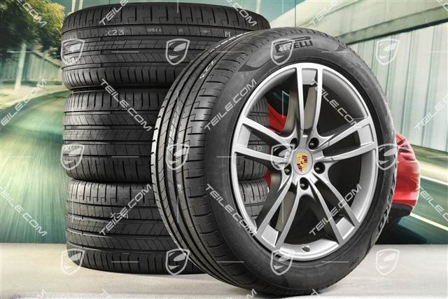 21-inch Cayenne Turbo Design summer wheel set, rims 9,5J x 21 ET46 + 11,0J x 21 ET49 + Pirelli P Zero summer tyres 285/45 R21 + 315/40 R21, with TPMS, Vesuvgrau