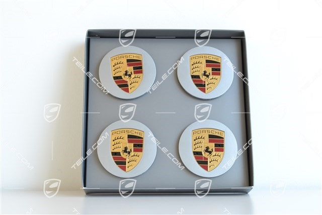 Radzierdeckel Satz (4 Stück), GT-Silbermetallic mit farbigem Porsche  Wappen, für 20 SportTechno Räder / Neu / 911 991 / 601-00  Radnabenabdeckungen / 00004460720